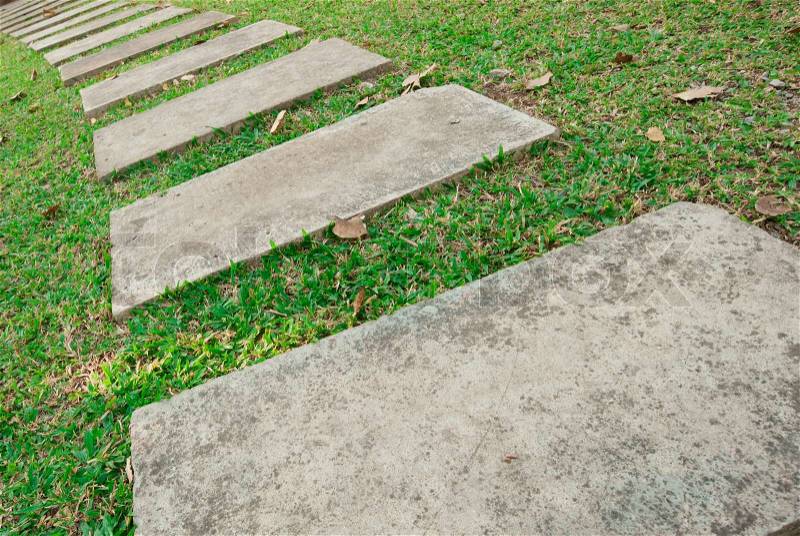 The Stone block walk path in the park with green grass background, stock photo