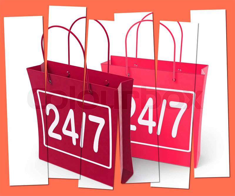 Twenty-four Seven Shopping Bags Showing Hours Open, stock photo