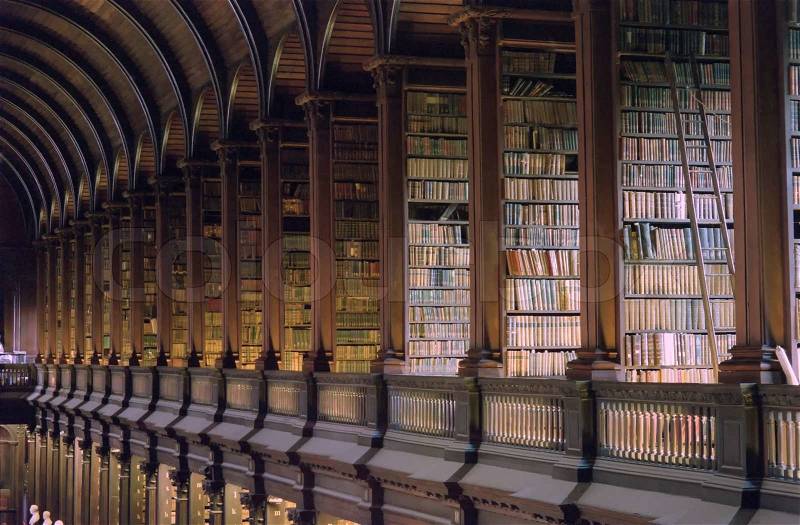DUBLIN, IRELAND: The Long Room Top Floor in the Trinity College Library which is the Largest library in Ireland and home to \