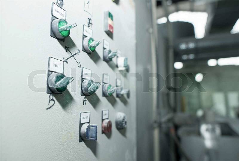 Electrical equipment in a woodworking factory, stock photo