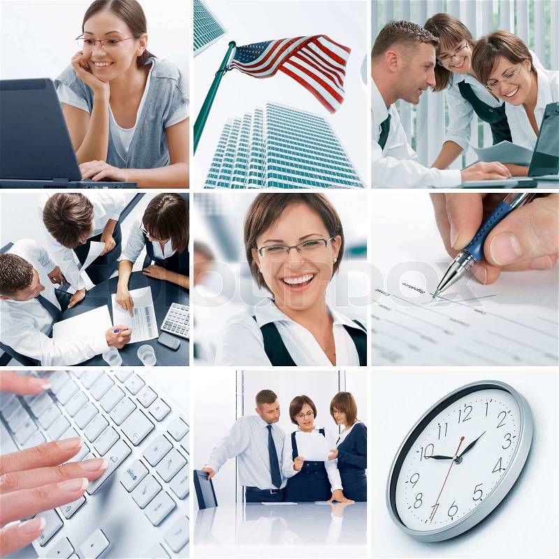 Business theme collage composed of different images, stock photo
