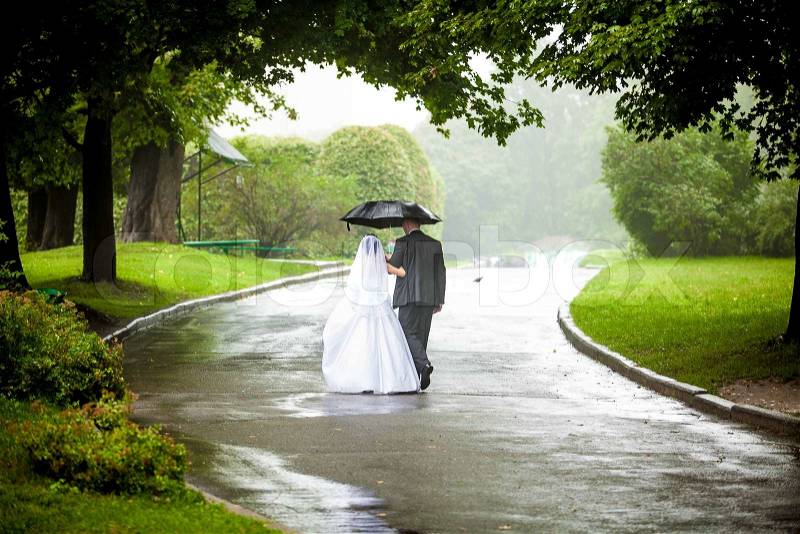 Beautiful just married couple under umbrella walking away on road at park, stock photo