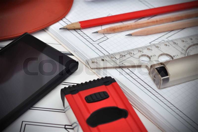 Blueprint, phone and tools on the desktop, workspace engineer, stock photo