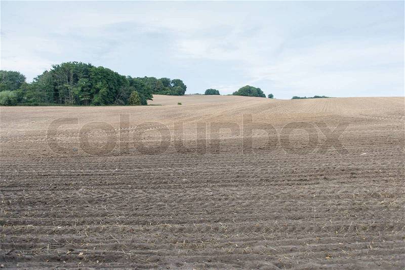 Brown ploughed field under cloudy sky after harvest with hills and forest, stock photo