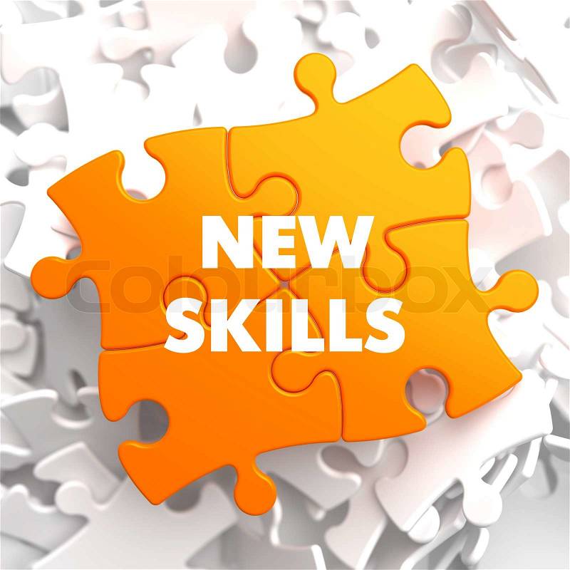 New Skills on Orange Puzzle on White Background, stock photo
