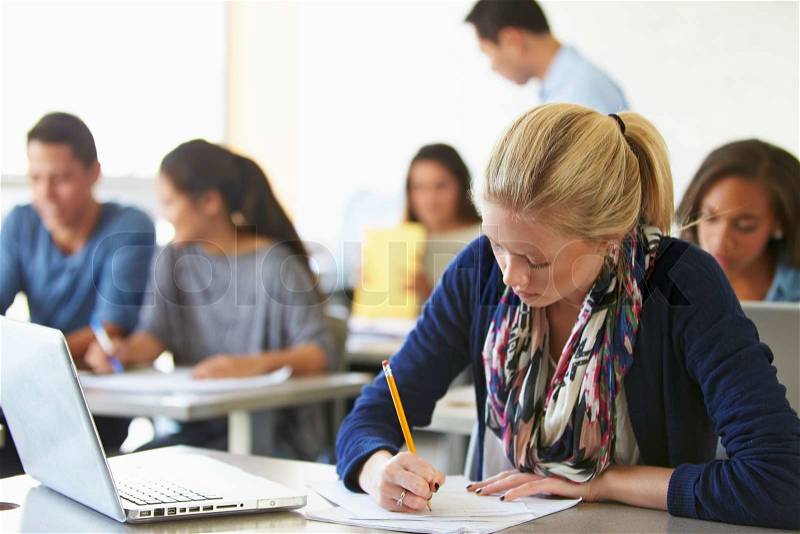 Female High School Student Studying At Desk, stock photo