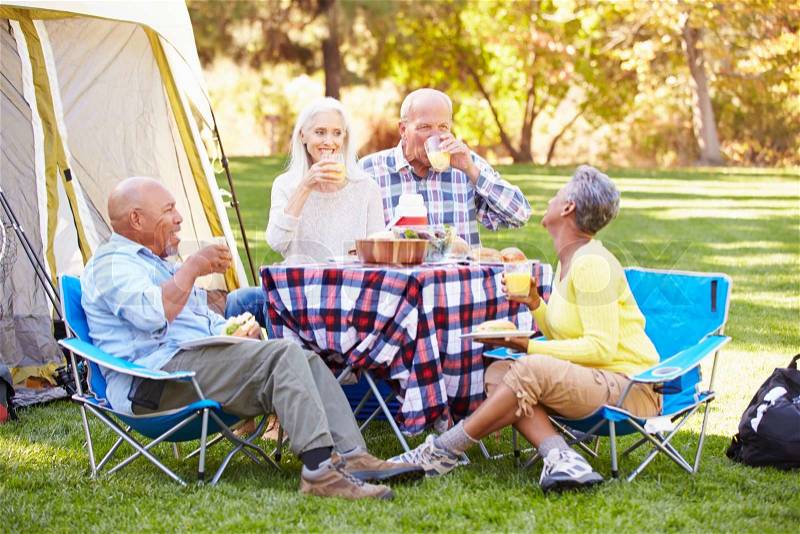 Two Senior Couples Enjoying Camping Holiday In Countryside, stock photo
