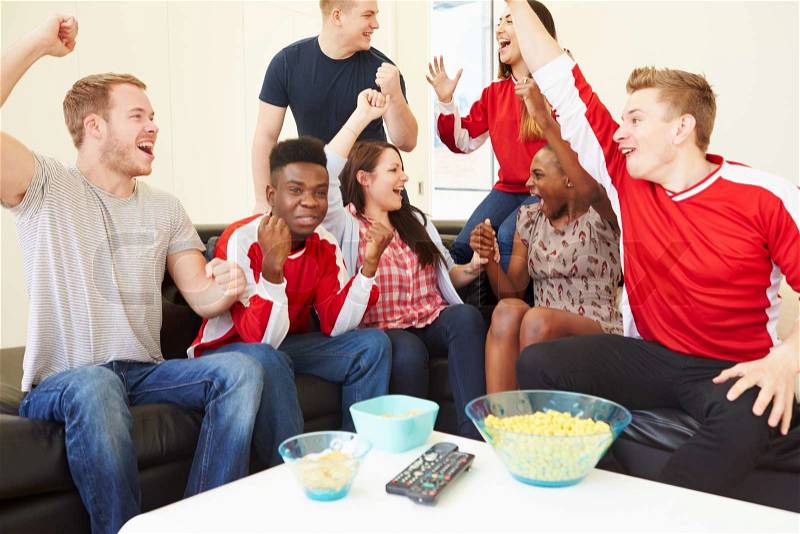 Group Of Sports Fans Watching Game On TV At Home, stock photo
