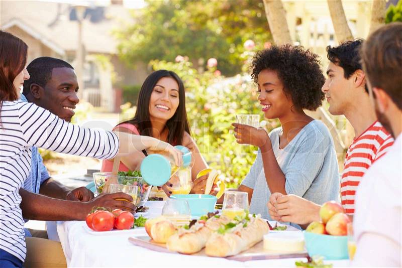 Group Of Friends Enjoying Meal At Outdoor Party In Back Yard, stock photo