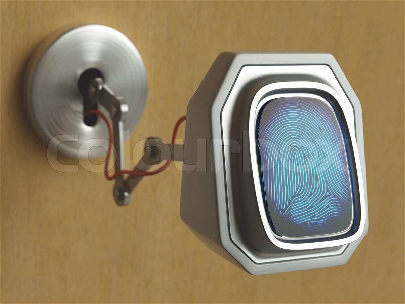 Fingerprint scanner coming through the keyhole. Concept of changing technology, stock photo