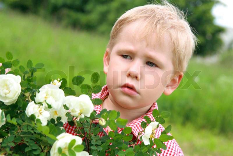 The dissatisfied child near the flowers I have an allergy on flowers!!!, stock photo