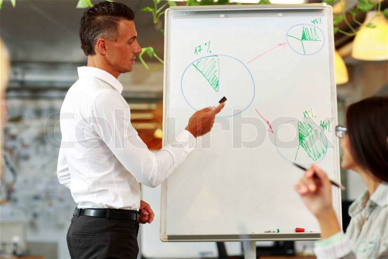 Handsome businessman explaining graph to his colleagues, stock photo