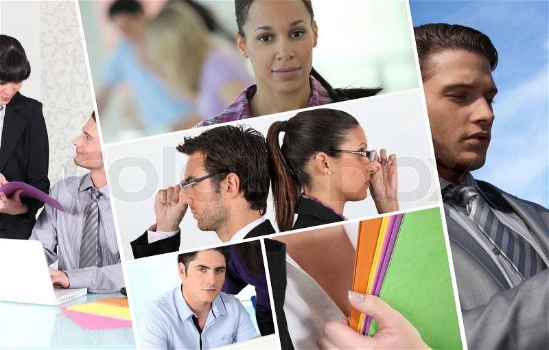 A collage of business professionals at work, stock photo