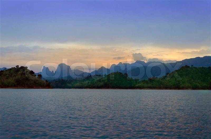 Mountains and river natural attractions in Ratchaprapha Dam in Khao Sok National Park, Surat Thani Province, Thailand , stock photo