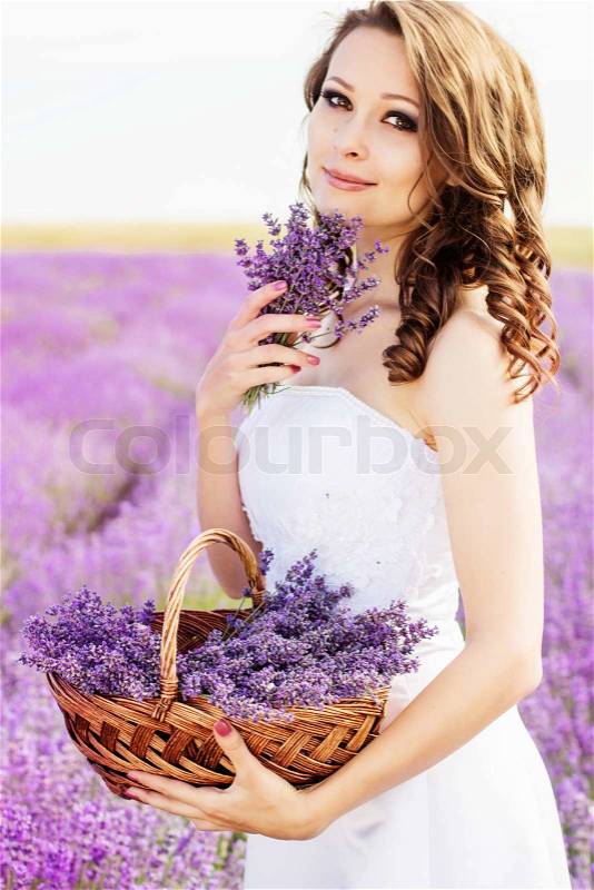 Beautiful bride posing at field of purple lavender with basket of flowers, stock photo