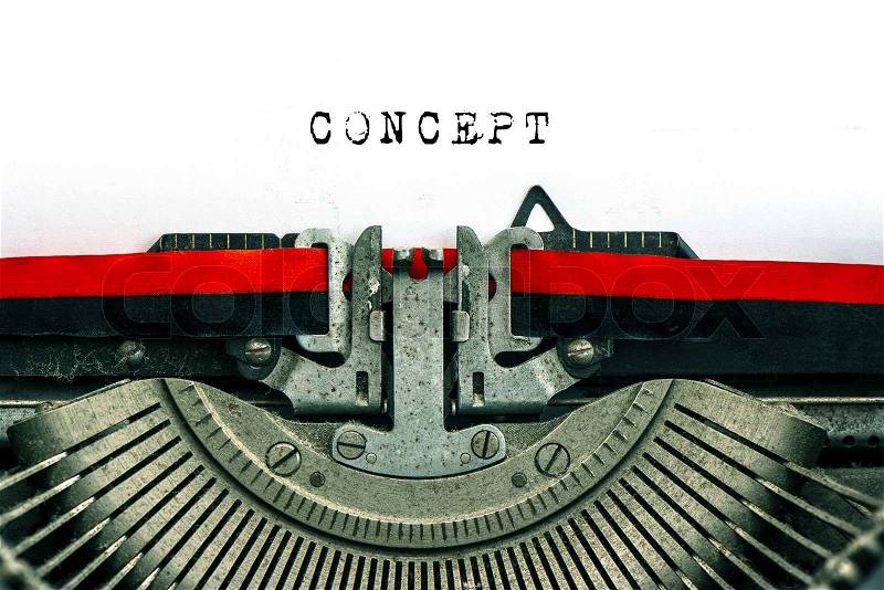 Antique typewriter with sample text CONCEPT. black text on white paper background, stock photo