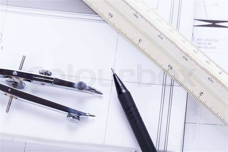 Architect blueprints equipment objects workplace paper office, stock photo