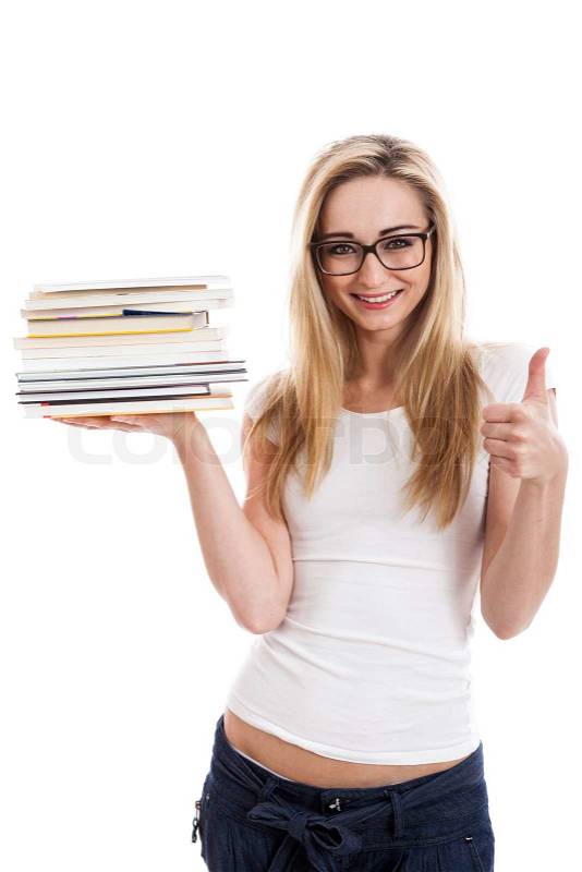 Female model wearing nerd glasses carrying books with one hand and doing thumbs up sign with the other, stock photo