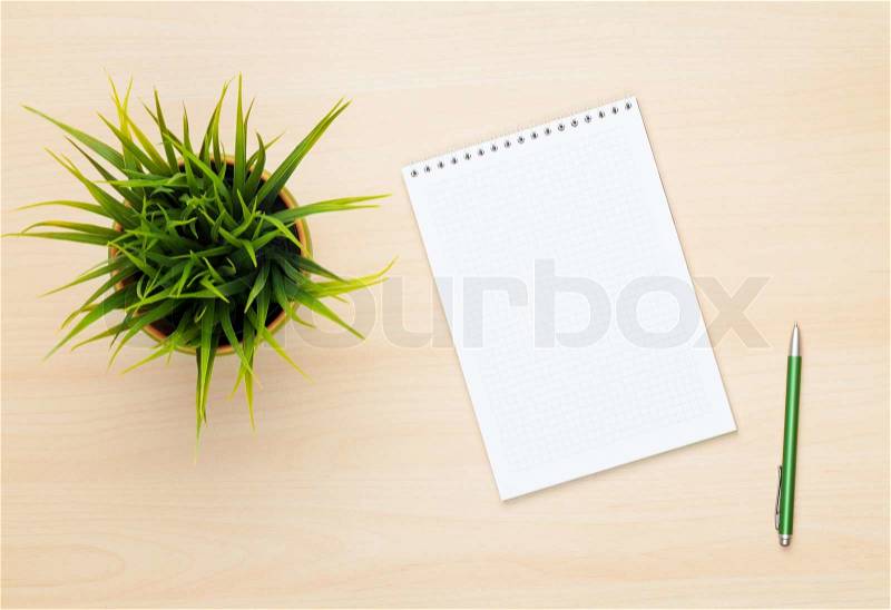 Blank notepad, pen and flower on wooden table. View from above, stock photo