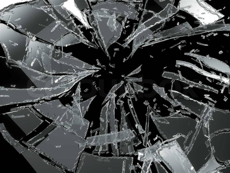 Shattered or broken glass Pieces isolated on black background, stock photo
