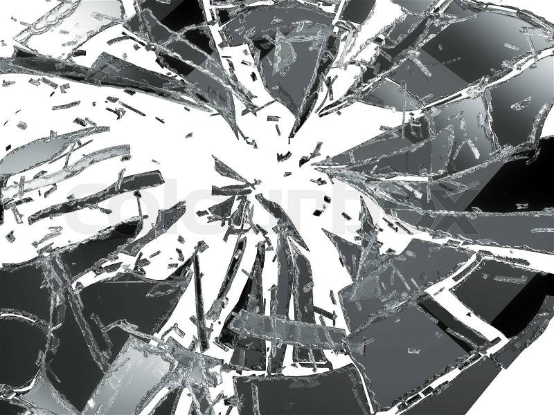 Broken and damaged glass isolated on white background, stock photo