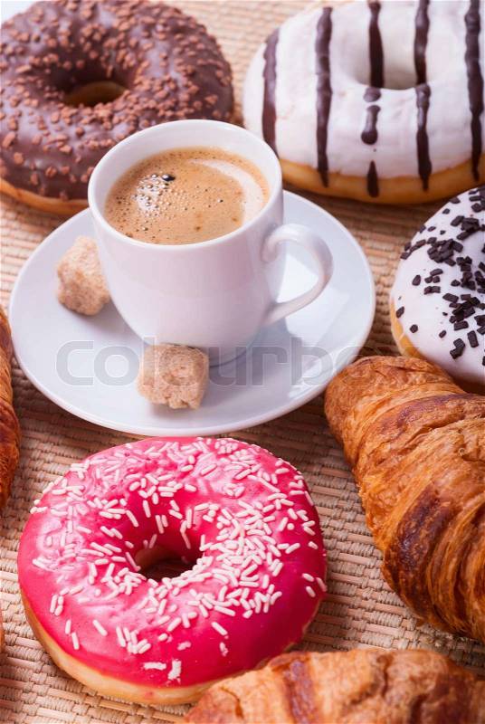 Breakfast with coffee donats and croissants, stock photo