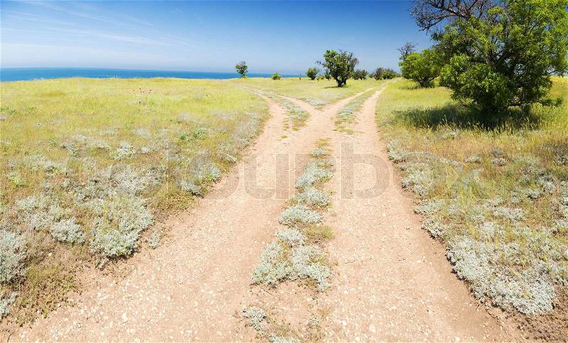 Fork roads horizon with grass and blue sky, stock photo