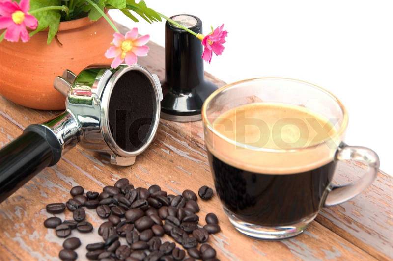 Hot coffee and coffee making equipment with flower clay pot, stock photo