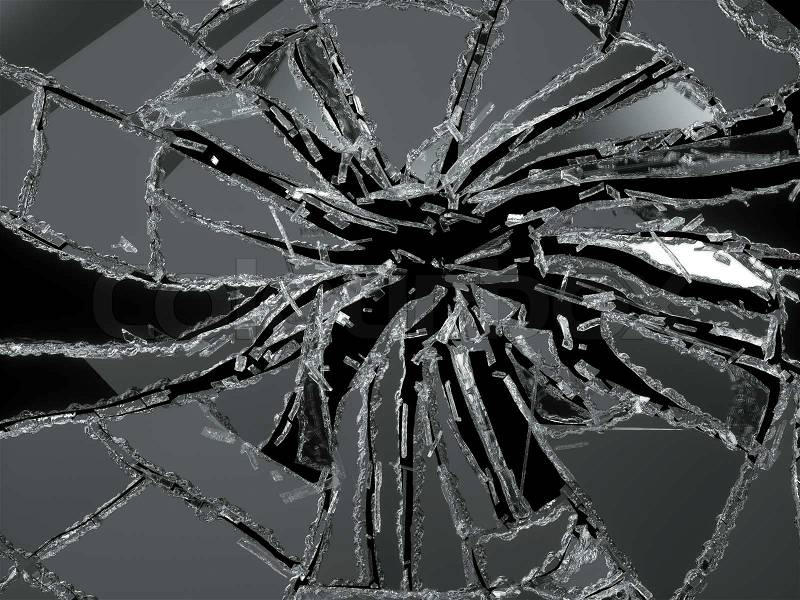 Shattered or damaged glass Pieces isolated on black background, stock photo