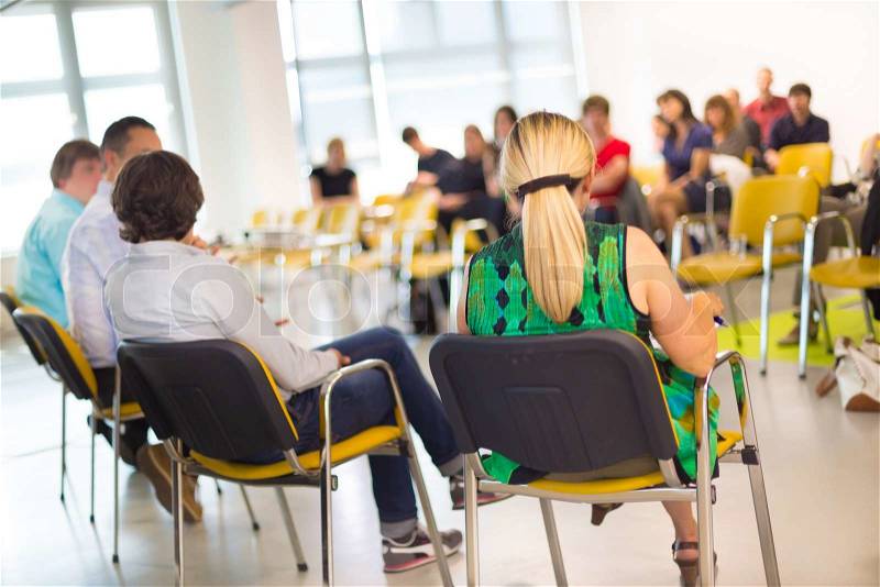Round table discussion at Business convention and Presentation. Audience at the conference hall, stock photo