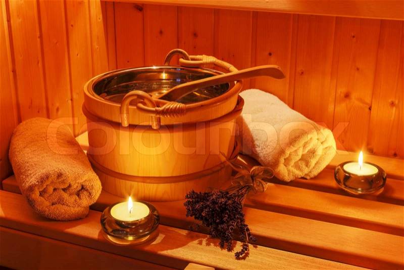 Cosy atmosphere in the sauna in a spa area of ​​a wellness hotel. recreation and relaxation from everyday life, stock photo
