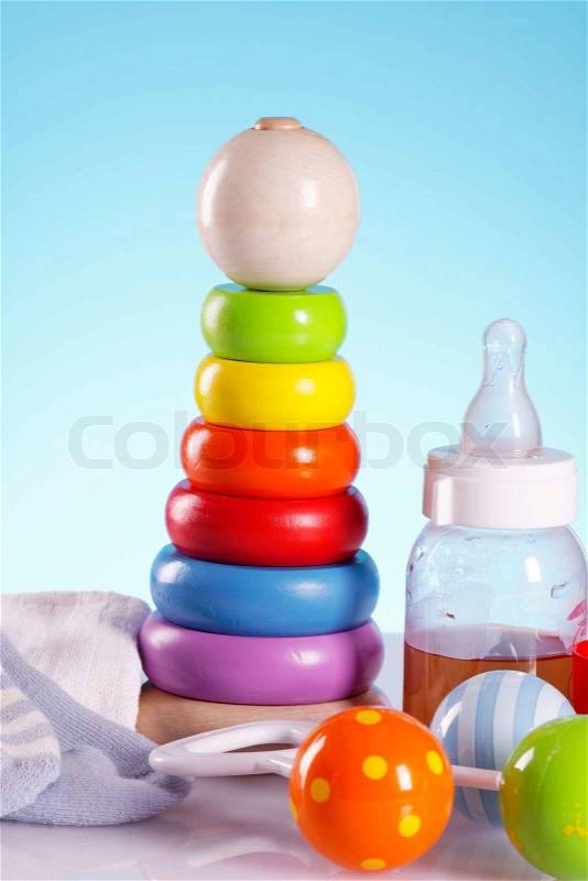 Baby toys in studio. Bear and other stuff, stock photo