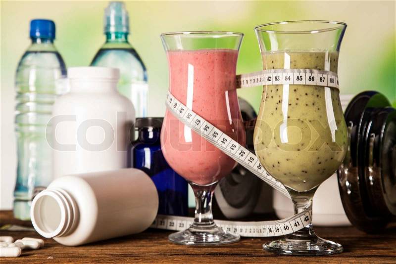 Healthy diet, protein shakes, fruits and sport and fitness concept, stock photo