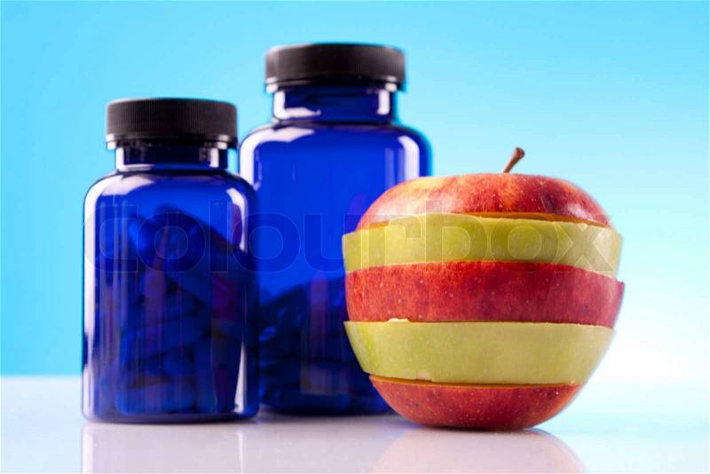 Food supplements, healthy diet and science, stock photo