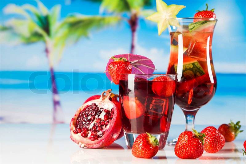 Tropical drinks on beach and sun, stock photo