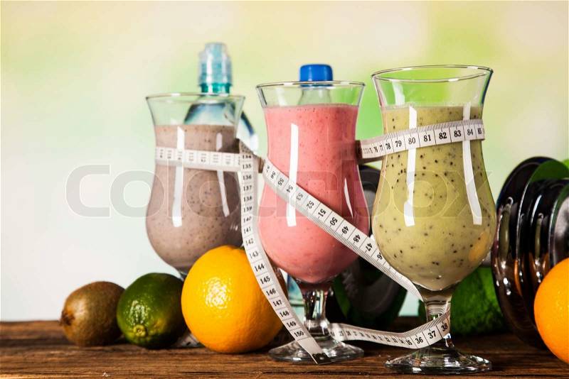 Healthy diet, protein shakes, fruits and sport and fitness concept, stock photo