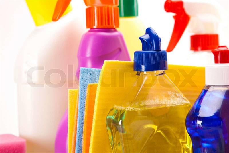Cleaning items isolated on white background, stock photo