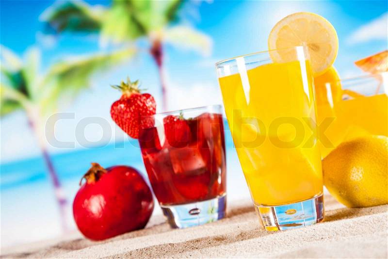 Tropical drinks on beach and sun, stock photo