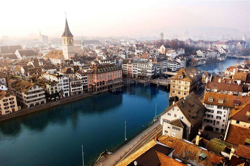 In Switzerland nice view of the city of Zurich with the river, stock photo