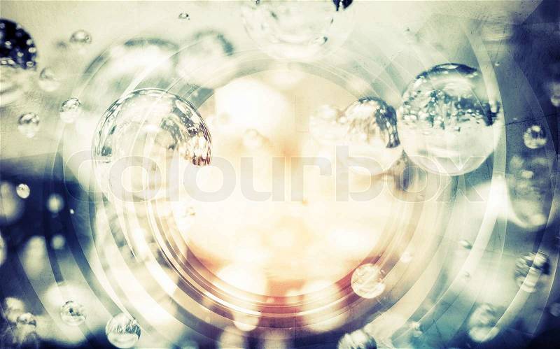 Abstract blue photo background with bubbles in glass sphere, stock photo
