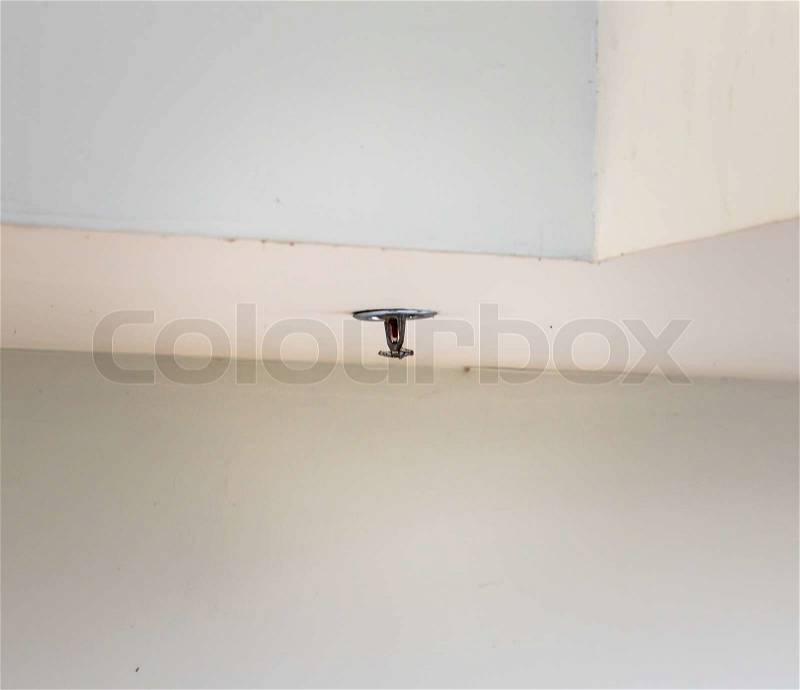 Fire detector and extinguisher with gray ceiling as background, stock photo