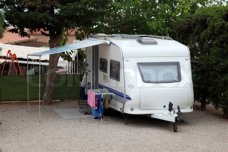 Caravan on a camping site in Spain, stock photo