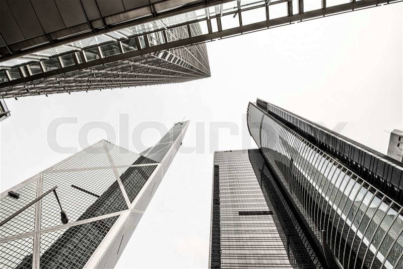 Group of Office Skyscrapers as seen from street level, stock photo