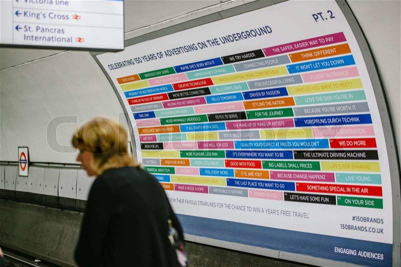 LONDON, UNITED KINGDOM - SEPTEMBER 01, 2013: London Tube Underground celebrates its 150 anniversary. To mark this date of the London's tube system, giant advertising poster are exposed on wall stations, stock photo