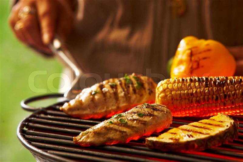 Grilling meat, bell pepper, corn and pineapple, stock photo