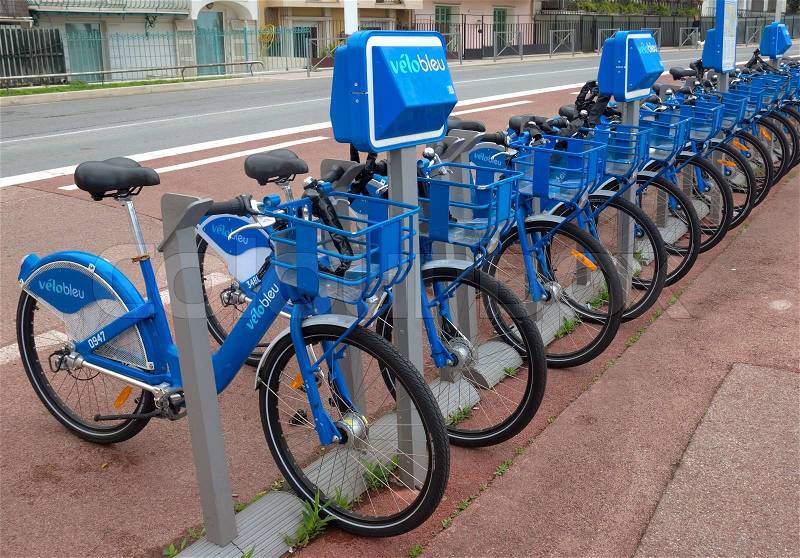 NICE, FRANCE - APRIL 27: Public Bicycles Sharing Station on April 27, 2013 in Nice, France. One of 120 stations in Nice. This service offers over 1200 self-service bicycles. , stock photo