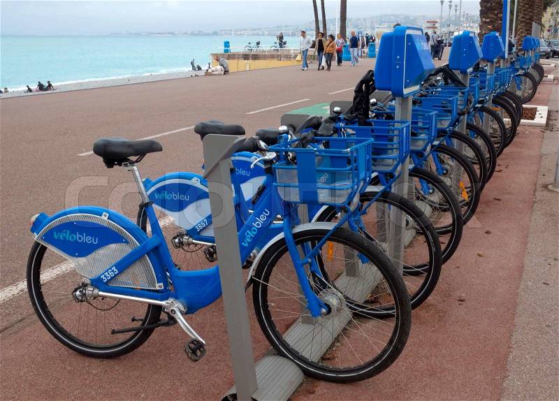NICE, FRANCE - APRIL 27: Public Bicycles Sharing Station on April 27, 2013 in Nice, France. One of 120 stations in Nice. This service offers over 1200 self-service bicycles. , stock photo
