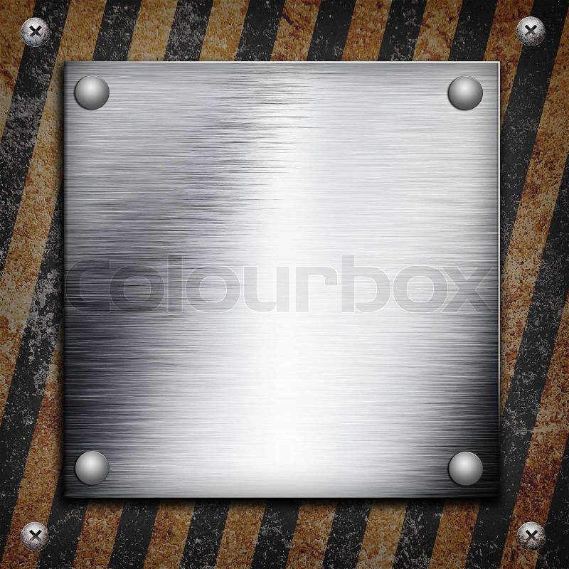 Industrial grungy steel plate with black and yellow strip under aluminum shape, stock photo