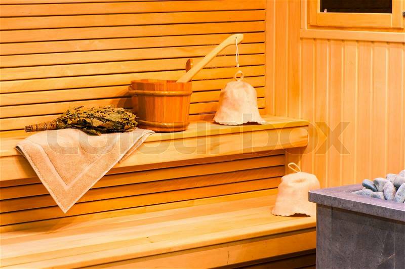 Attributes for paired procedures in the sauna, stock photo