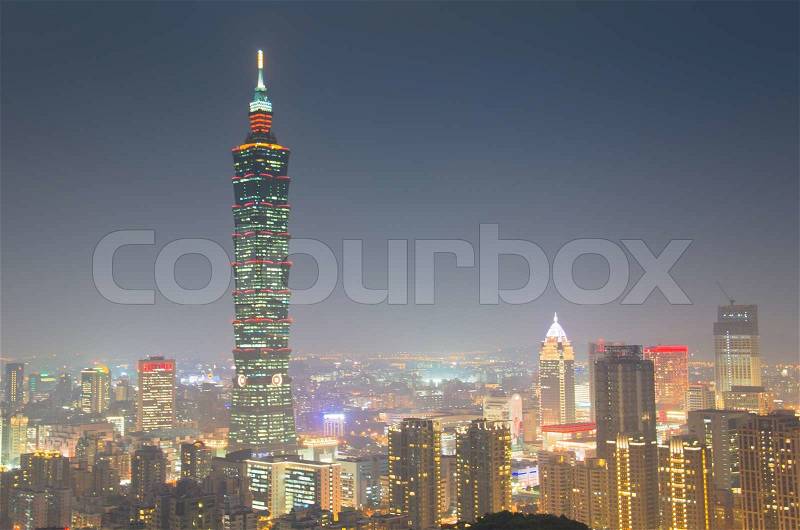 A beautiful Evening of Taipei city and Taipei 101 with silhouette of a mountain in front, stock photo
